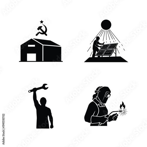 Workers in various industries with tools and symbols