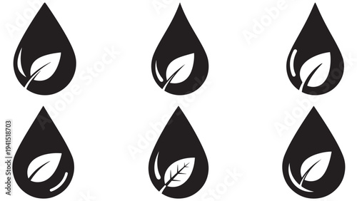 Water Droplet Icons With Leaf Motif Representing Conservation And Purity — Black Solid Hydration And Sustainability Symbols Isolated On White