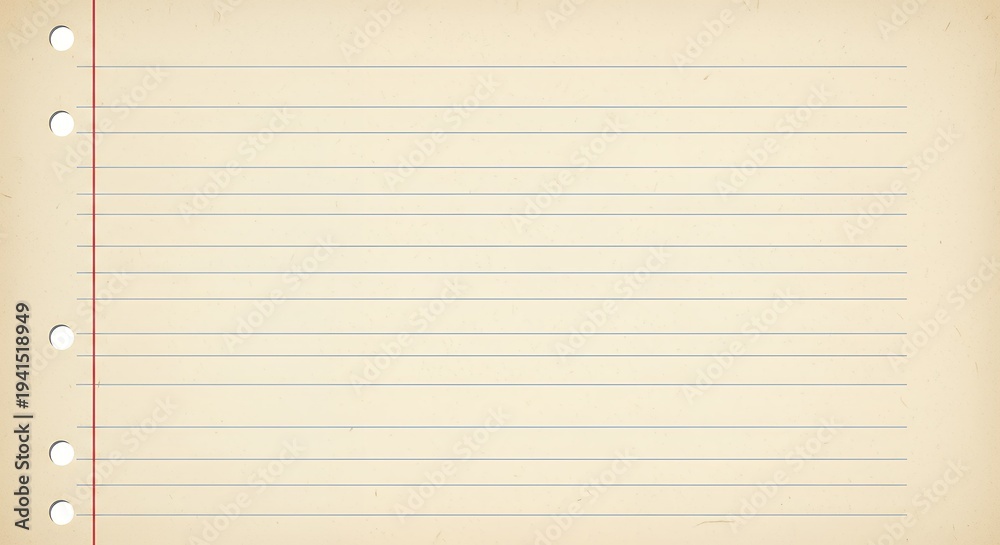 Obraz premium Vintage Lined Notebook Paper with Binder Holes and Faint Texture Showing Erasure Marks and Aged Paper Quality
