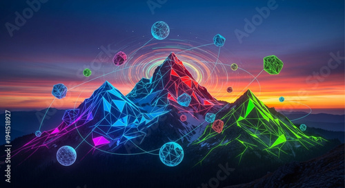 Colorful Digital Mountain Landscape with Floating Icons.