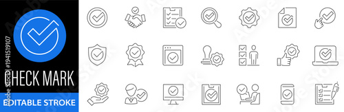 Checkmark icon set. Approved web icons. Correct. Approve. Complete. Checklist. Accept. Agree. Confirm. Quality control. Stamp. Vector illustration. Editable stroke