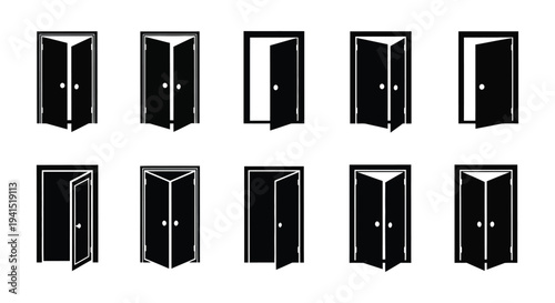 Collection of black and white vector door icons showing various states of opening and closing movement