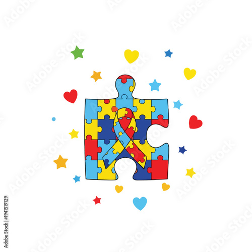 Autism Awareness Puzzle Piece Vector Illustration with Colorful Hearts and Stars for Support and Acceptance Campaigns