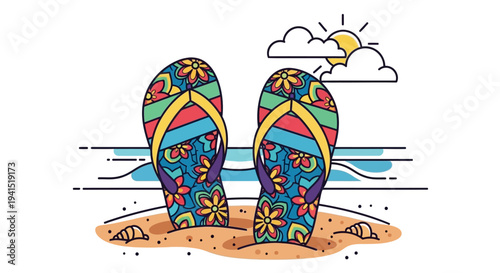 Vibrant Colorful Flip Flops on a Sandy Beach with Ocean and Sunny Sky, Summer Vacation
