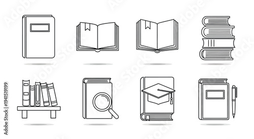 Illustrations of various books, reading, and study-related items