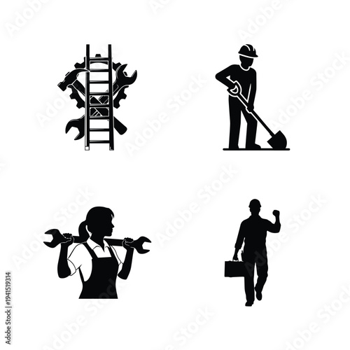 Workers with tools and equipment for various jobs and tasks