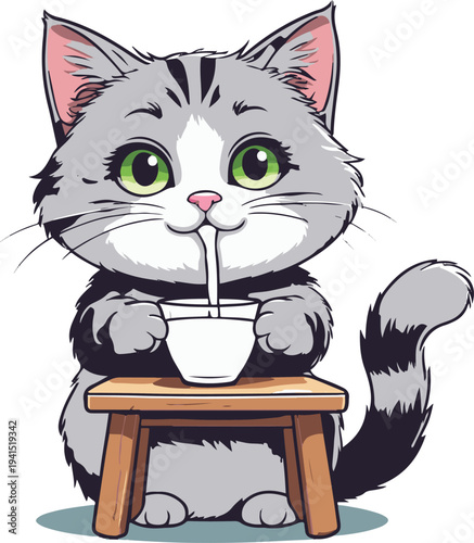  Cat drinking milk while sitting at table, cartoon vector mascot, bold thick black outline, minimal vector sticker, white background 1