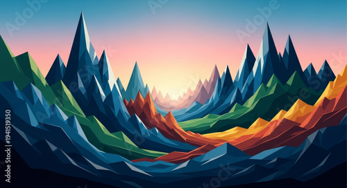 Abstract Colorful Mountain Landscape Artwork with Sharp Peaks.