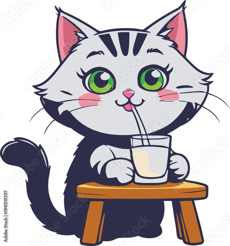  Cat drinking milk while sitting at table, cartoon vector mascot, bold thick black outline, minimal vector sticker, white background