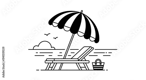Relaxing Beach Scene with Black and White Striped Umbrella, Lounge Chair, and Bag on Sandy Shore