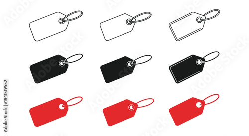 Collection of various blank price tag icons featuring outline, solid, and color variations