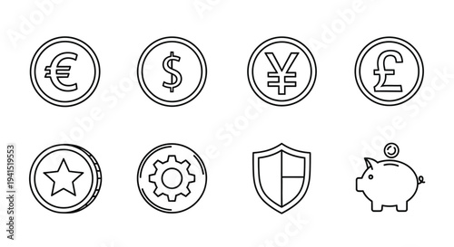 Assorted icons representing various currencies and financial concepts