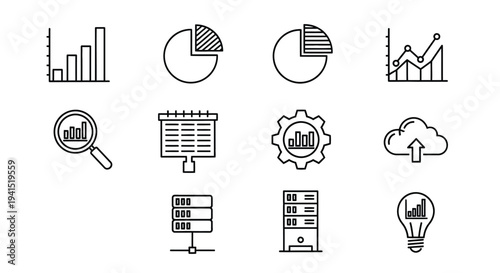 A collection of icons representing various aspects of data analysis and cloud computing