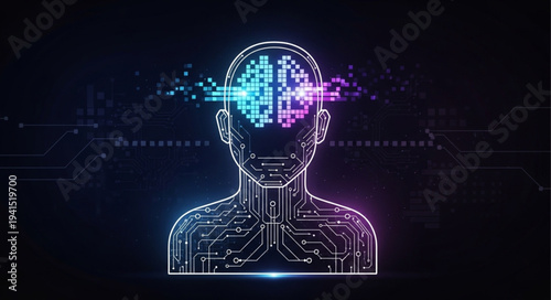Digital Human Head with Circuitry and Data Streams.