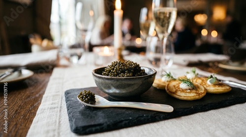 Elegant Caviar and Pancakes Arrangement at a Fine Dining Table