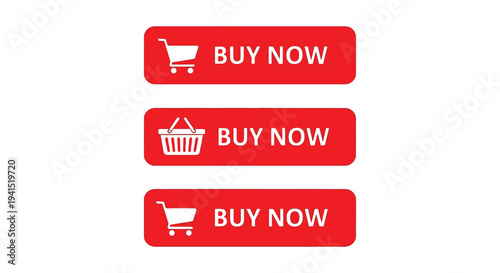 E-commerce vector illustration featuring three distinct red "Buy Now" buttons for online shopping convenience.