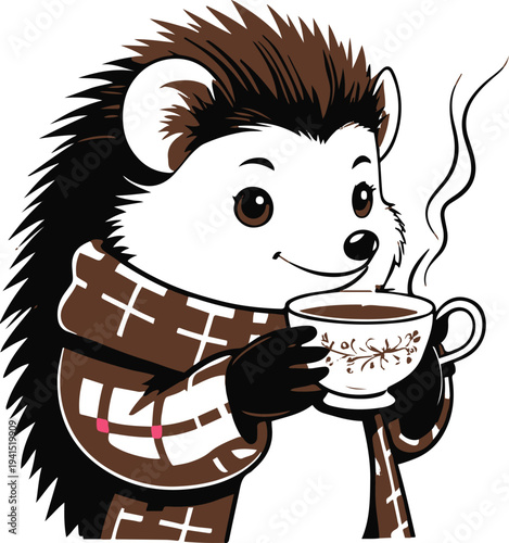 Hedgehog drinking hot tea with cozy scarf, cartoon vector mascot, bold thick black outline, minimal vector sticker, white background 1
