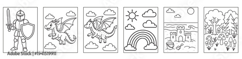 Whimsical collection of coloring pages featuring fantasy elements like knights, dragons, and castles.