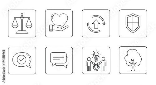 Diverse icons representing various aspects of society and nature.