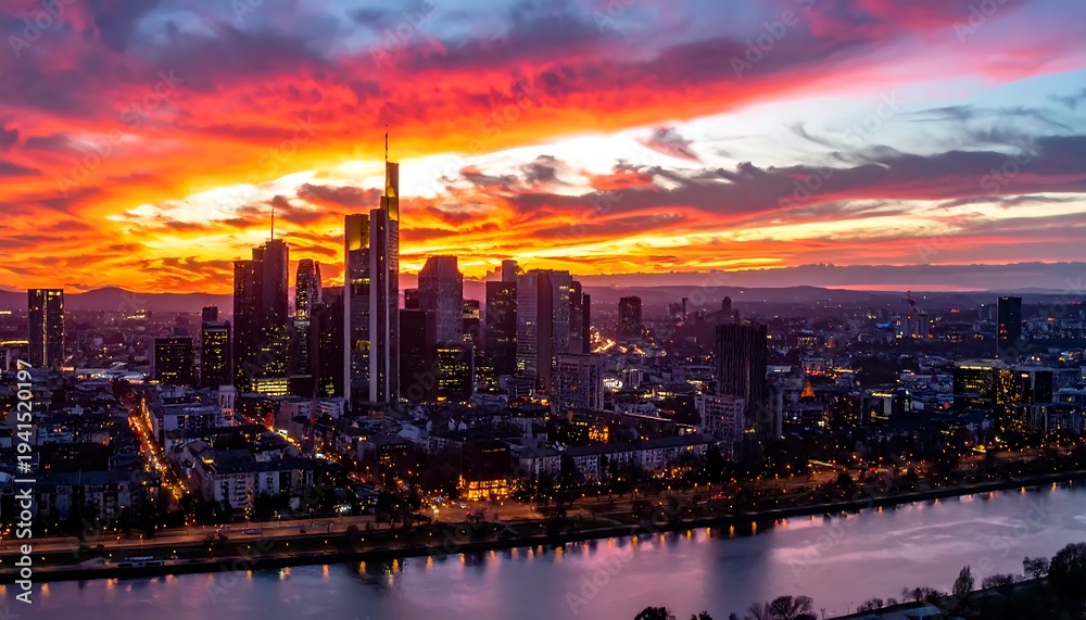 Obraz premium Vibrant cityscape at sunset with river and skyscrapers