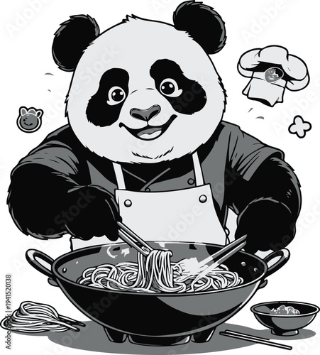  Panda human hybrid chef cooking noodles in pan, cartoon vector mascot, bold thick black outline, sticker design, white background 1.