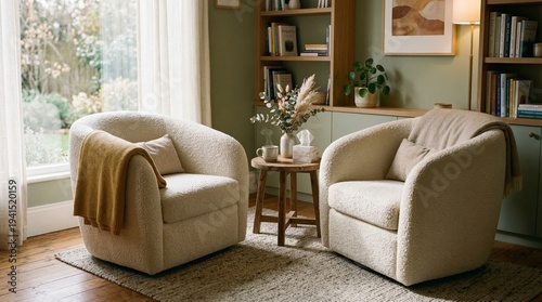 Two empty comfortable boucle armchairs facing each other, soft shadows, concept of therapy and empathy. Cozy Living Room with Two Beige Armchairs, Garden View and Bookshelves
