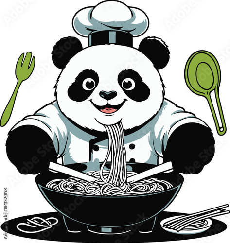 Panda human hybrid chef cooking noodles in pan, cartoon vector mascot, bold thick black outline, sticker design, white background