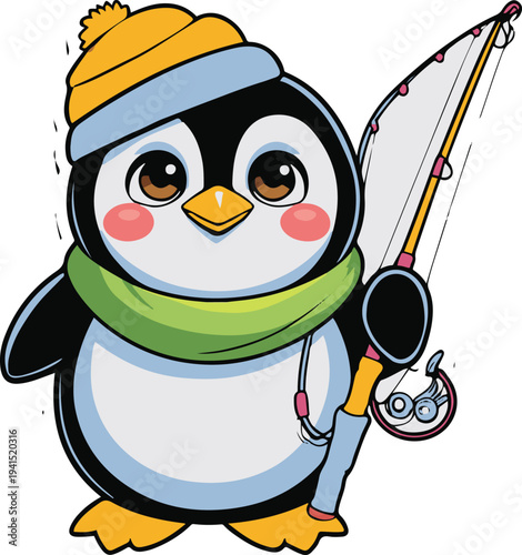 Penguin human hybrid fisherman holding fishing rod proudly, cartoon vector mascot, bold thick black outline, minimal sticker style, white background