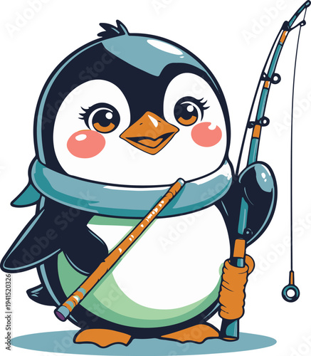 Penguin human hybrid fisherman holding fishing rod proudly, cartoon vector mascot, bold thick black outline, minimal sticker style, white background 1