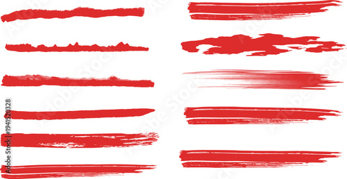 Red paint brush strokes set isolated on transparent background. Grunge rough acrylic brush lines, smear and dry paint streaks collection vector