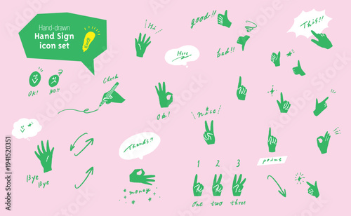 ハンドサインの手描きイラストセット　ハンドジェスチャーのシルエットアイコン