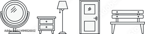 Home Furniture and Interior Line Icon Set Featuring Mirror, Bedside Table, Floor Lamp, Door Entrance, and Wooden Bench