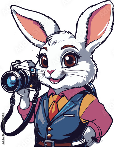 Rabbit human hybrid photographer taking picture with camera, cartoon vector mascot, bold thick black outline, sticker design, white background