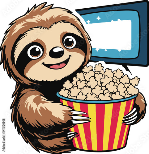 Sloth watching movie with popcorn bucket, cartoon vector mascot, bold thick black outline, sticker design, white background 1
