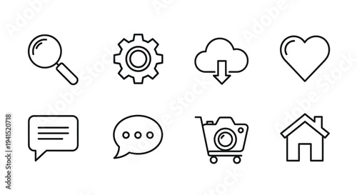 Set of eight simple line icons representing various common activities and objects