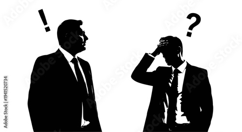 Two Businessmen with Question Mark and Exclamation Symbol – Confusion, Problem Solving and Decision Making Concept, vector