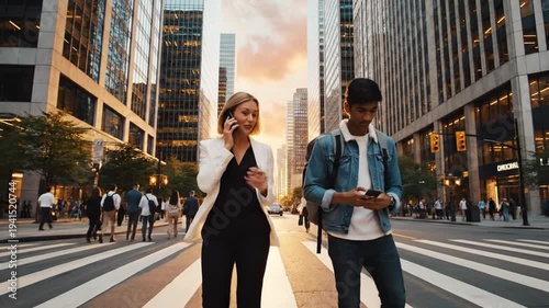Two professionals walking in a busy city street crossing at a pedestrian crossing during sunset with tall office buildings around