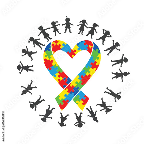 Autism Awareness Day vector illustration with colorful puzzle piece heart ribbon surrounded by diverse children silhouettes, symbolizing support and inclusivity for neurodiversity