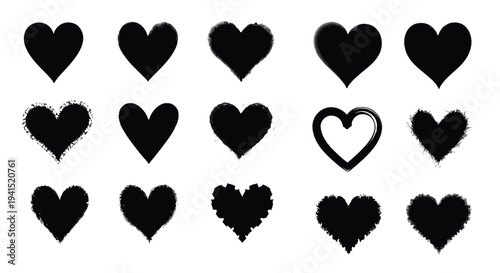 A diverse collection of grunge black heart vector illustrations with various textures and styles for design projects.