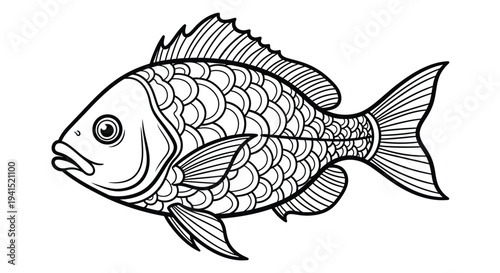 Intricate fish vector illustration featuring detailed scales, fins, and gills for marine graphic design projects.