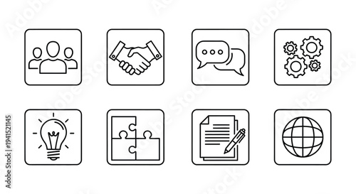 A collection of icons representing various business and communication concepts