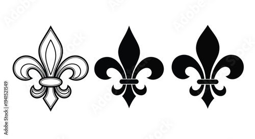 Classic fleur de lis vector illustration set featuring different stylized symbols for royal heraldry.
