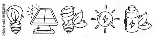 Green energy hand drawn line art set with solar panel, eco light bulb and battery. Minimalist vector of renewable electricity with sun and leaf. Energy saving icons for ecology friendly design