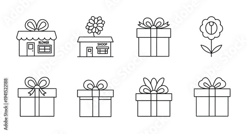 A collection of eight line drawings featuring various gift boxes and buildings.