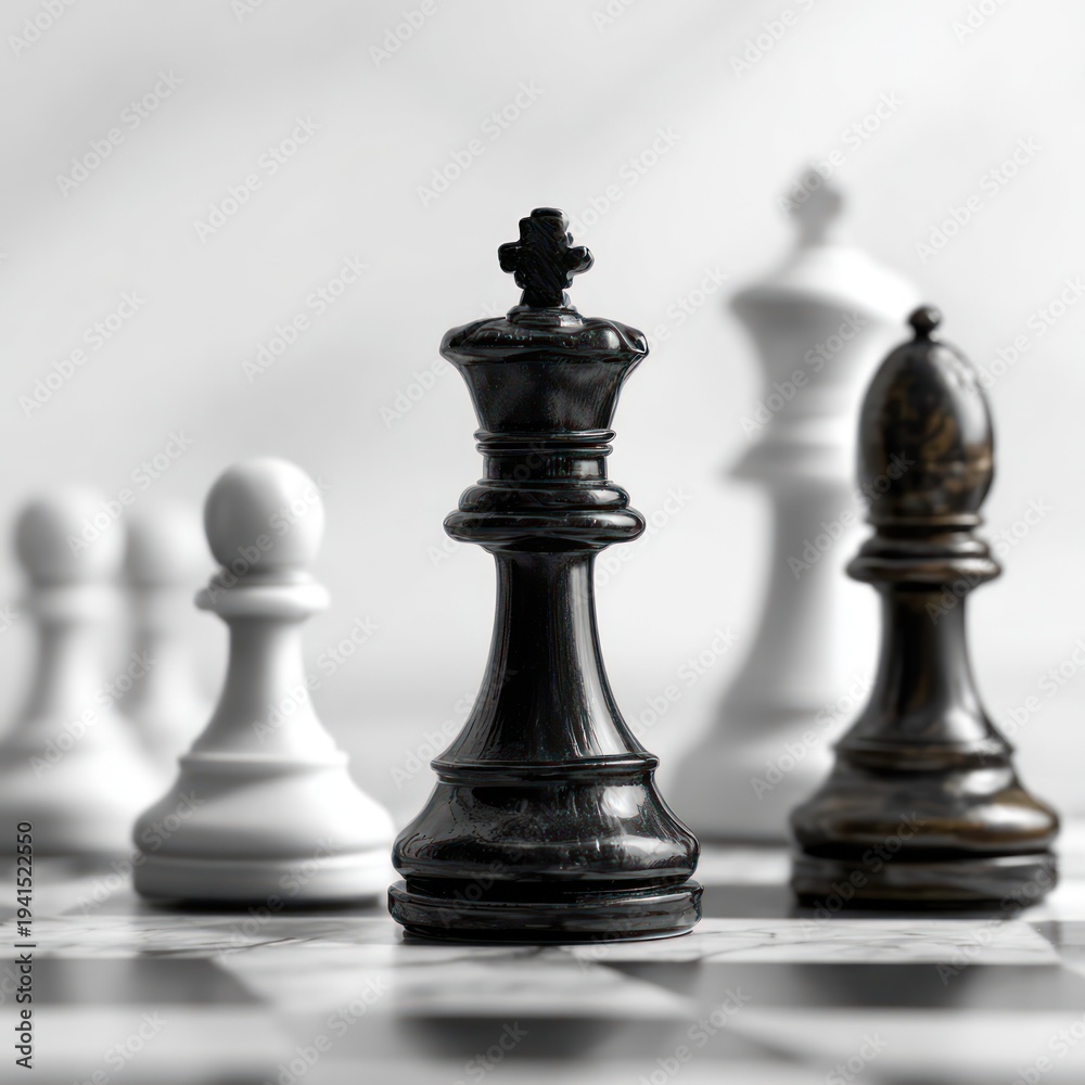 Fototapeta premium Black King Chess Piece on Chessboard with White and Black Pieces in Background