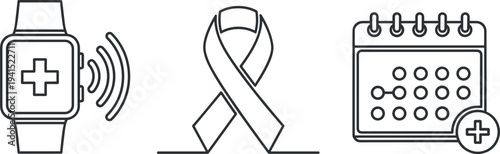 Health Awareness and Medical Monitoring Line Icon Set Featuring Smartwatch Heart Monitor, Awareness Ribbon, and Medical Appointment Calendar
