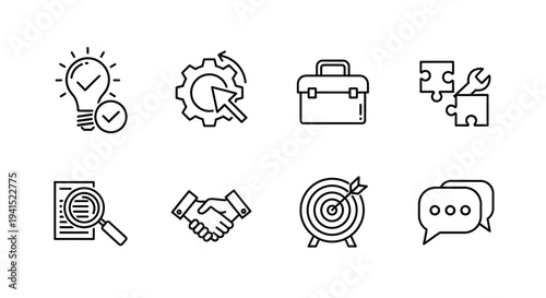 Icons representing various aspects of business and teamwork.