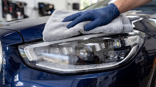 Person hand cleaning car headlight with microfiber, applying professional detailing care