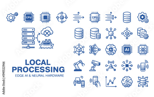 Local Processing Data Server Icon Bypassing Cloud Edge AI Neural Hardware Icon Set Edge Computing On-Premise Data Vector Illustration