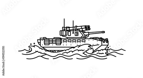 Amphibious Tank Crossing Water Waves, Military Vehicle Illustration